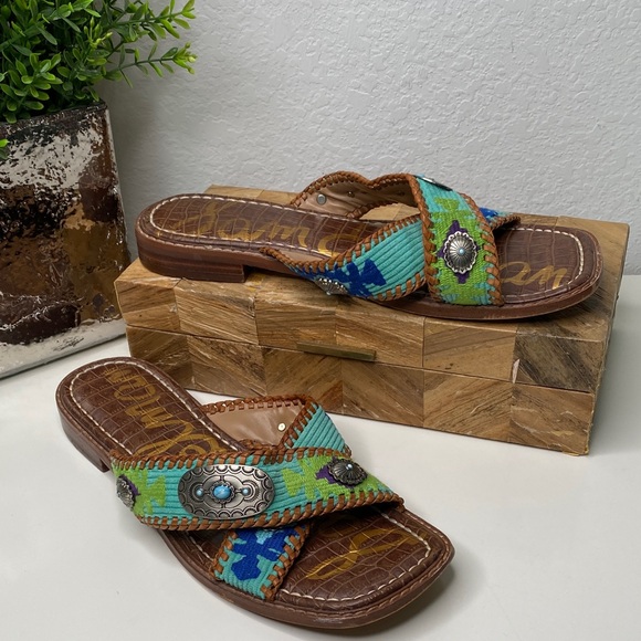 Sam Edelman Hagen Embroidered Leather Sandals Southwestern Boho Multi‎ Size 9.5 - Picture 1 of 10